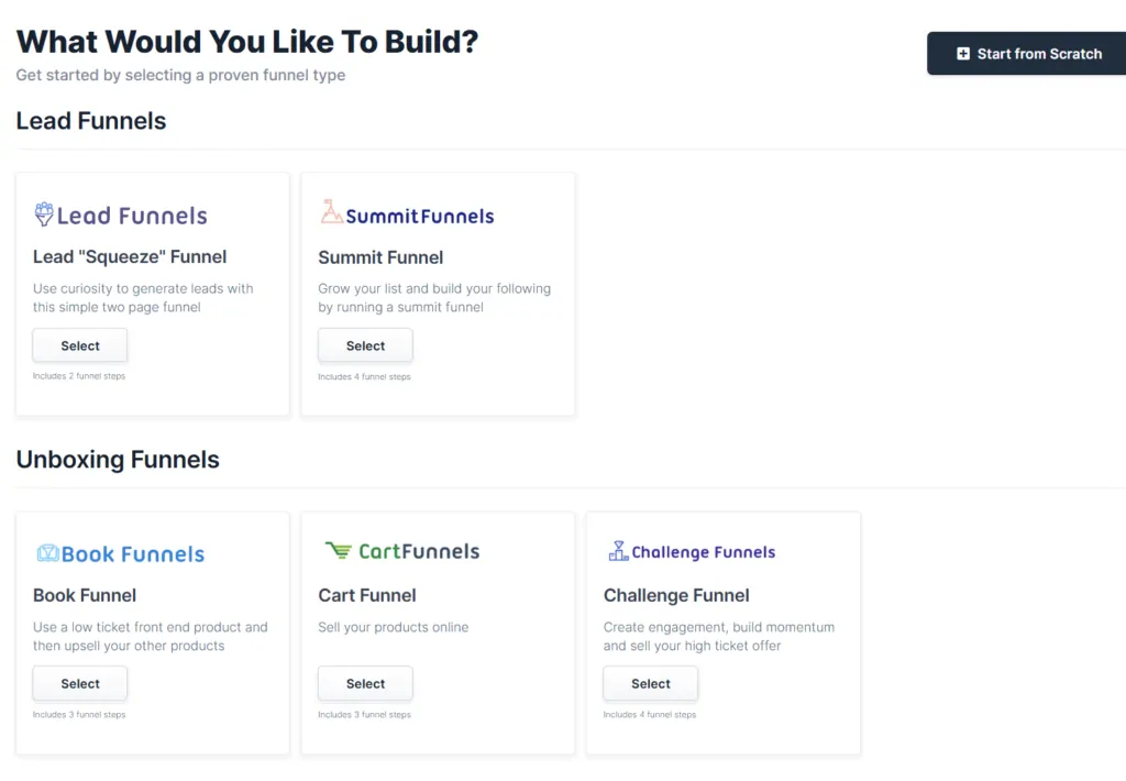 ClickFunnels templates with different funnel types