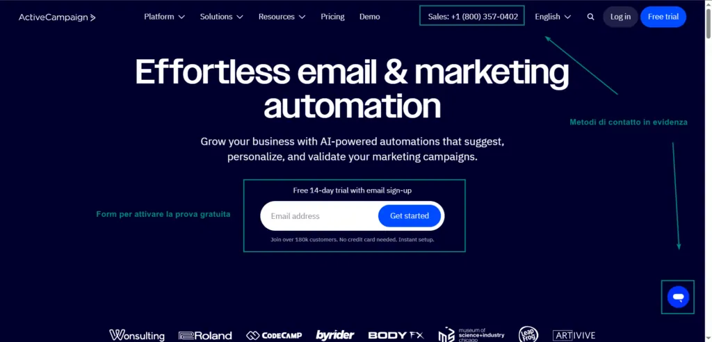 home page activecampaign form prova gratuita
