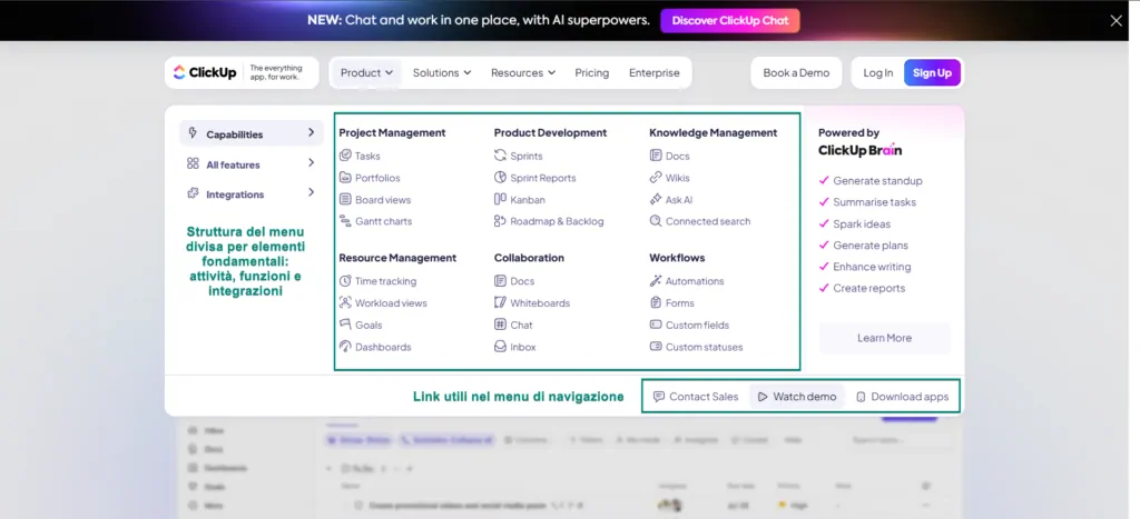 esempio menu navigazione clickup