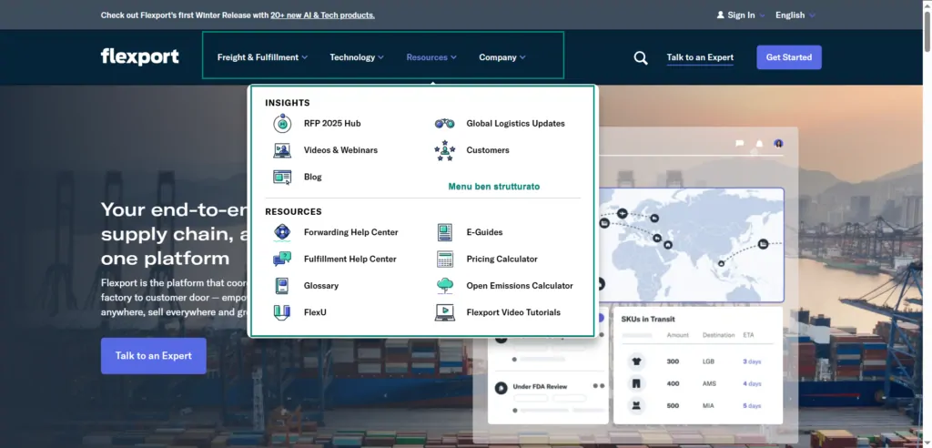 flexport menu navigazione