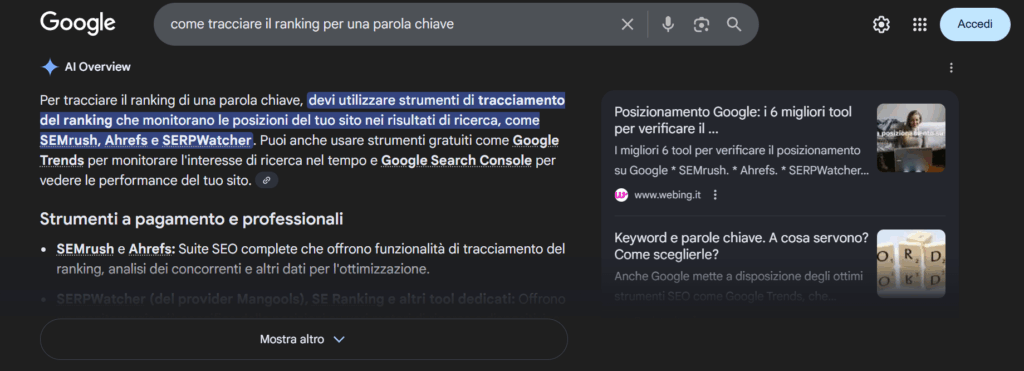 esempio ai overview google query sul ranking