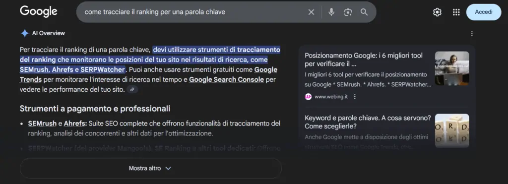 example of a Google AI Overview for a query about rankings