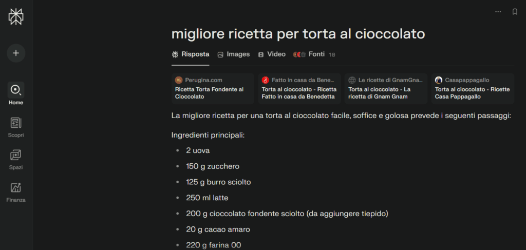 Risultati della ricerca su Perplexity per la migliore ricetta di torte al cioccolato