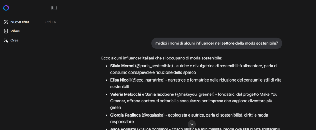 ricerca meta ai raccomandazioni influencer moda sostenibile