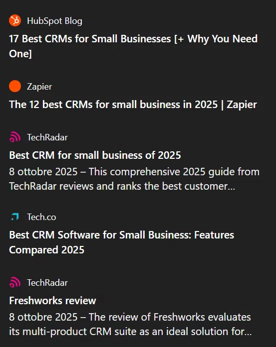 ChatGPT sources for a search on the best CRM for SMEs