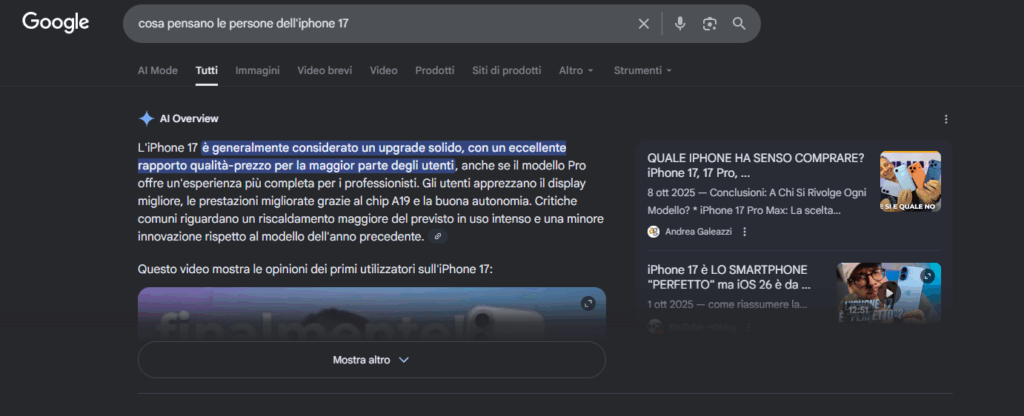 ricerca su google che mostra risultati video