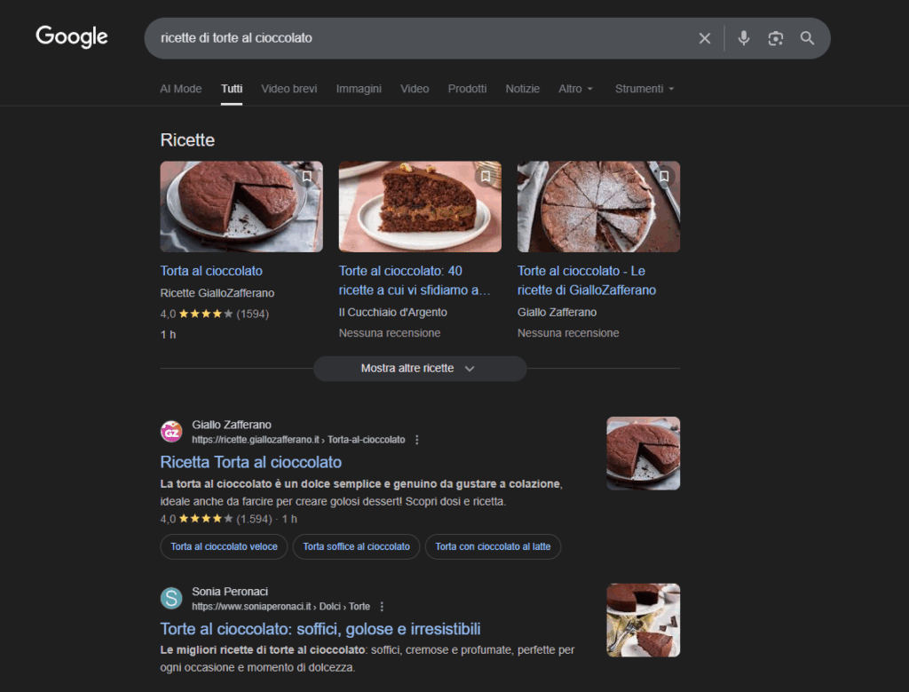 SERP di Google per ricette di torte al cioccolato